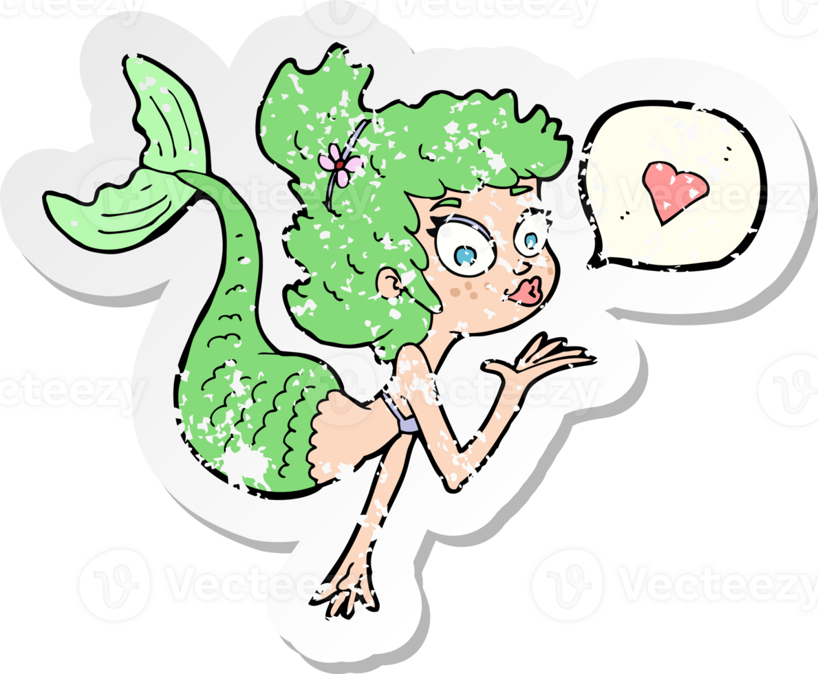 retro distressed sticker of a cartoon mermaid in love png