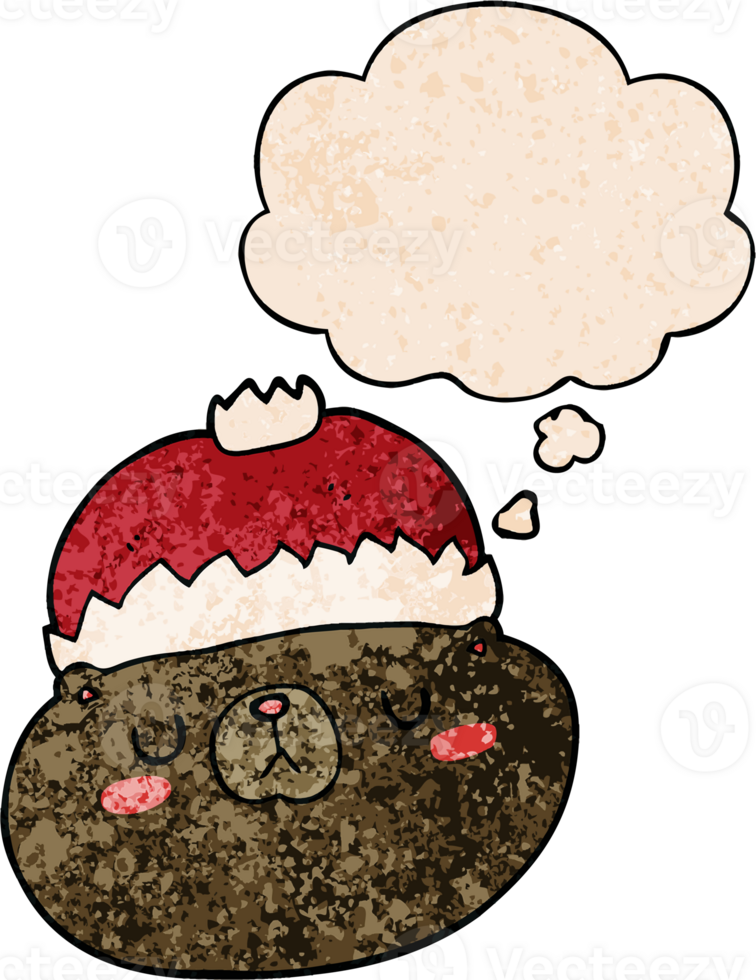 cartoon christmas bear with thought bubble in grunge texture style png