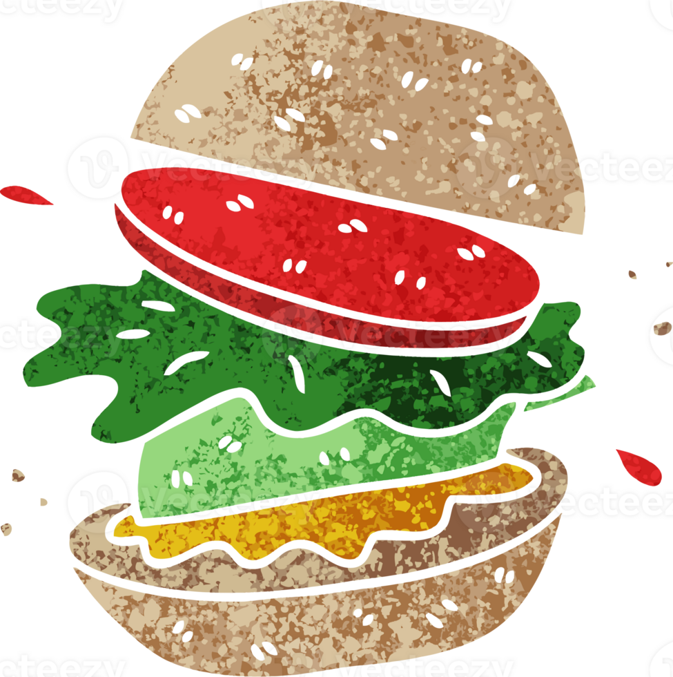 retro illustration style quirky cartoon veggie burger png