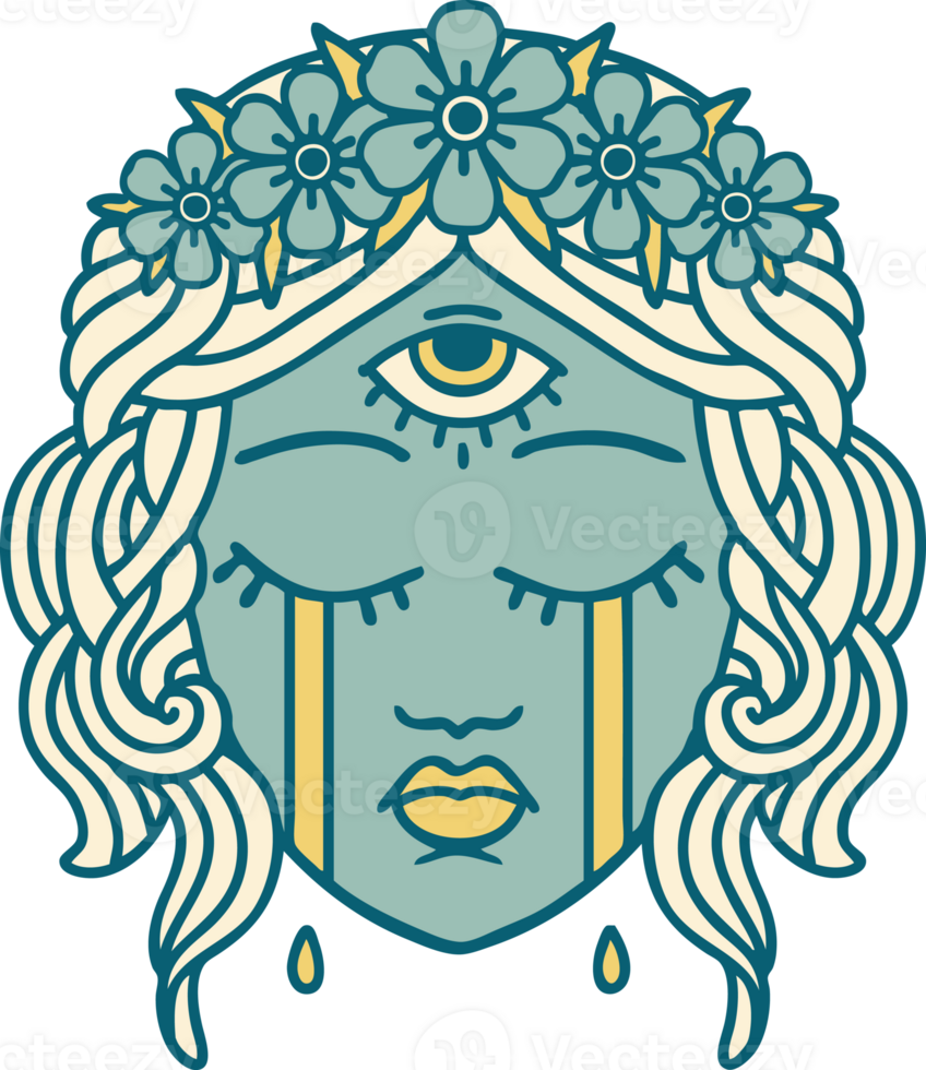 iconic tattoo style image of female face with mystic third eye crying png