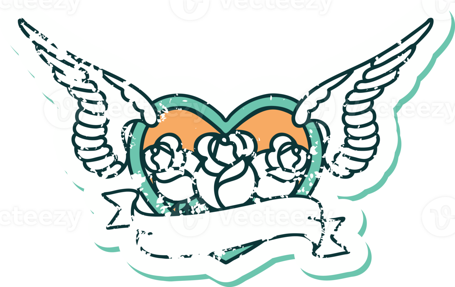 iconic distressed sticker tattoo style image of a flying heart with flowers and banner png