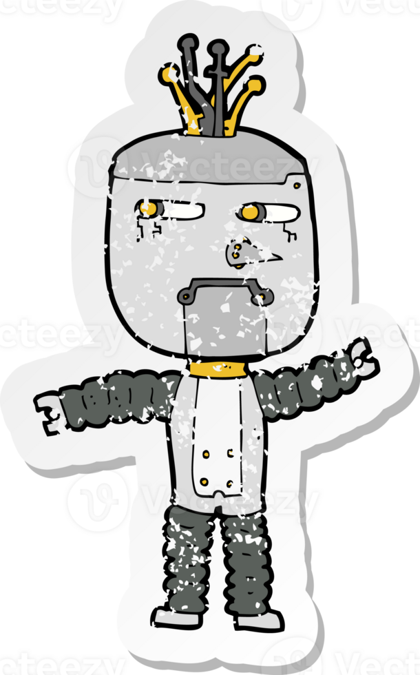 retro distressed sticker of a cartoon waving robot png