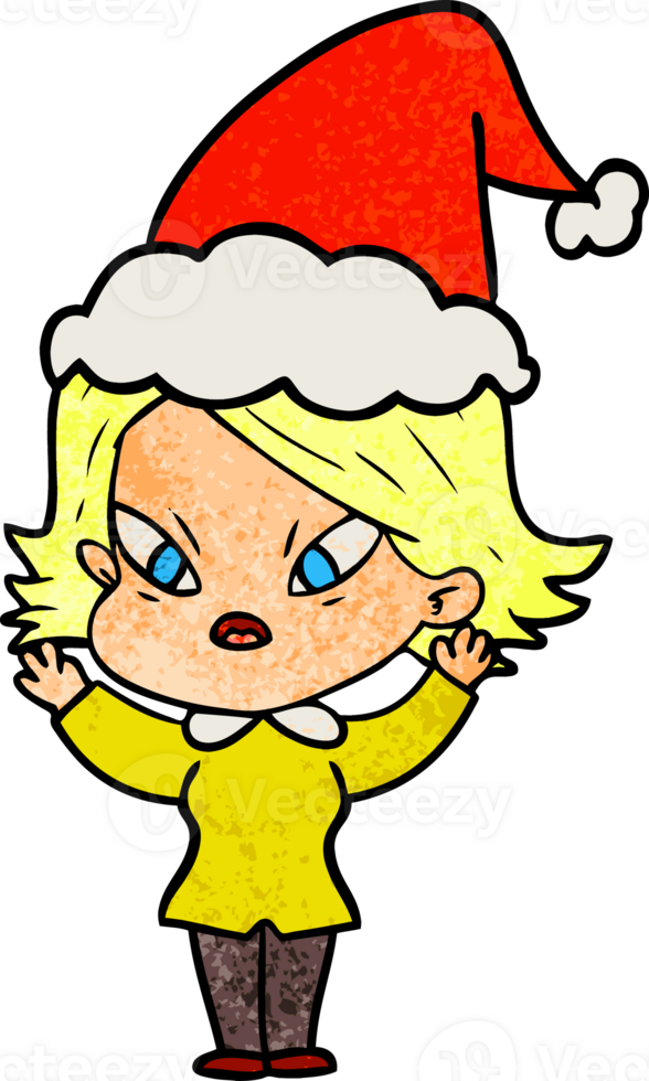 hand drawn textured cartoon of a stressed woman wearing santa hat png