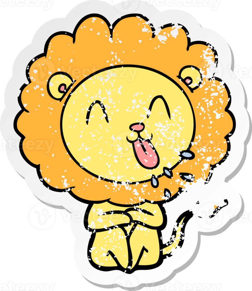 distressed sticker of a happy cartoon lion png