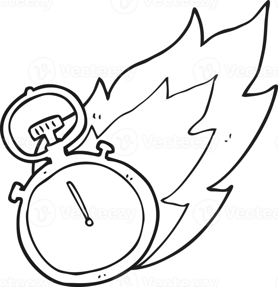 hand drawn black and white cartoon flaming stop watch png