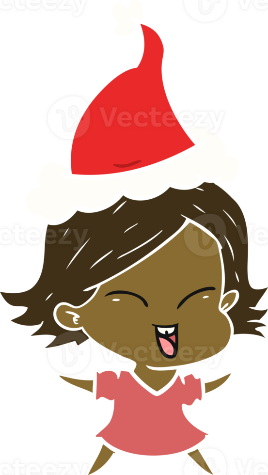 happy hand drawn flat color illustration of a girl wearing santa hat png