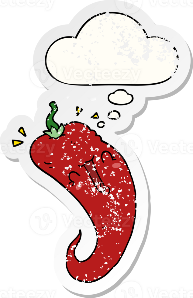 cartoon chili pepper with thought bubble as a distressed worn sticker png
