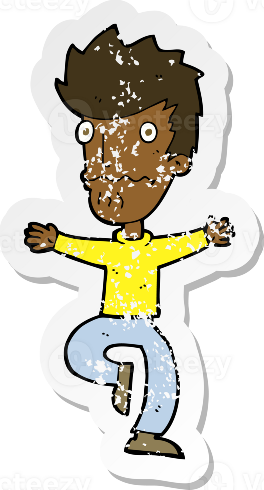 retro distressed sticker of a cartoon frightened man png