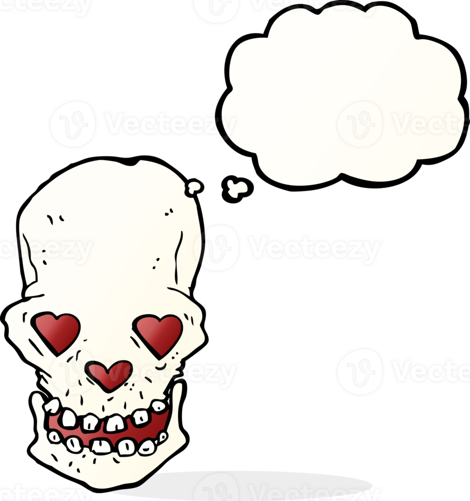 cartoon skull with love heart eyes with thought bubble png