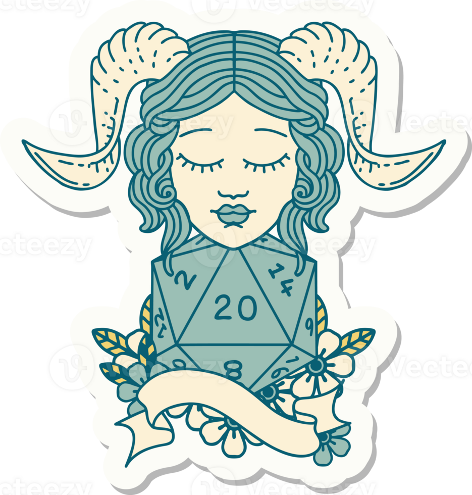 sticker of a tiefling with natural twenty dice roll png