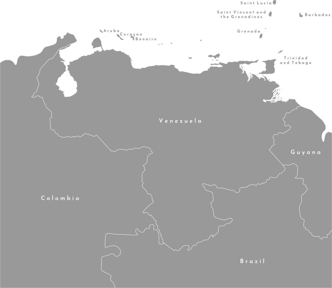 modern illustration. Simplified map of Venezuela in the cener and borders with neighboring countries Colombia, Brazil, Guyana and etc in grey color. White background and outline vector