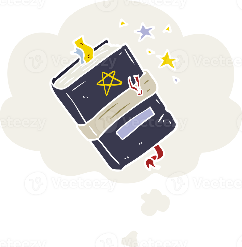 cartoon book of spells with thought bubble in retro style png