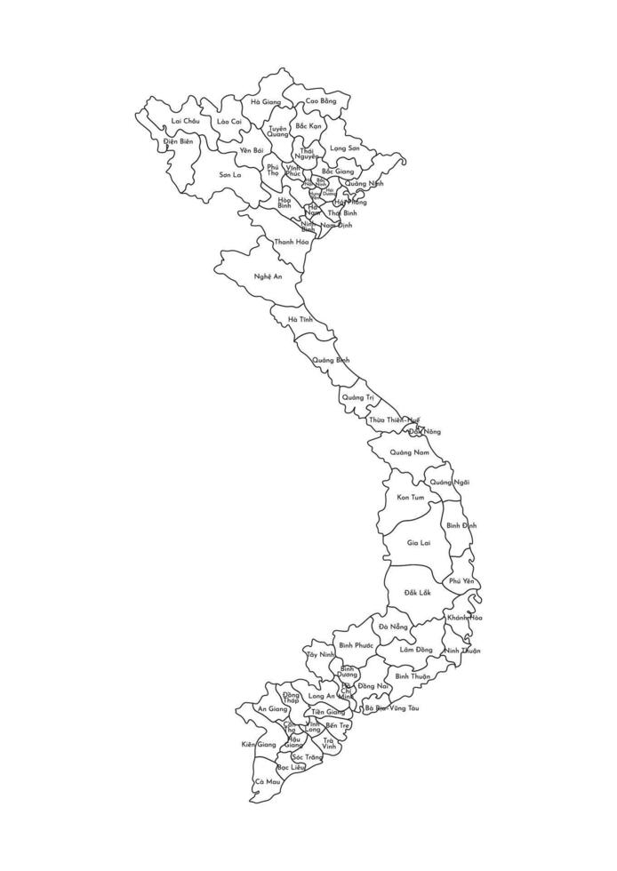 isolated illustration of simplified administrative map of Vietnam. Borders and names of the regions. Black line silhouettes. vector