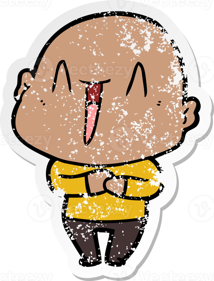 distressed sticker of a happy cartoon bald man png