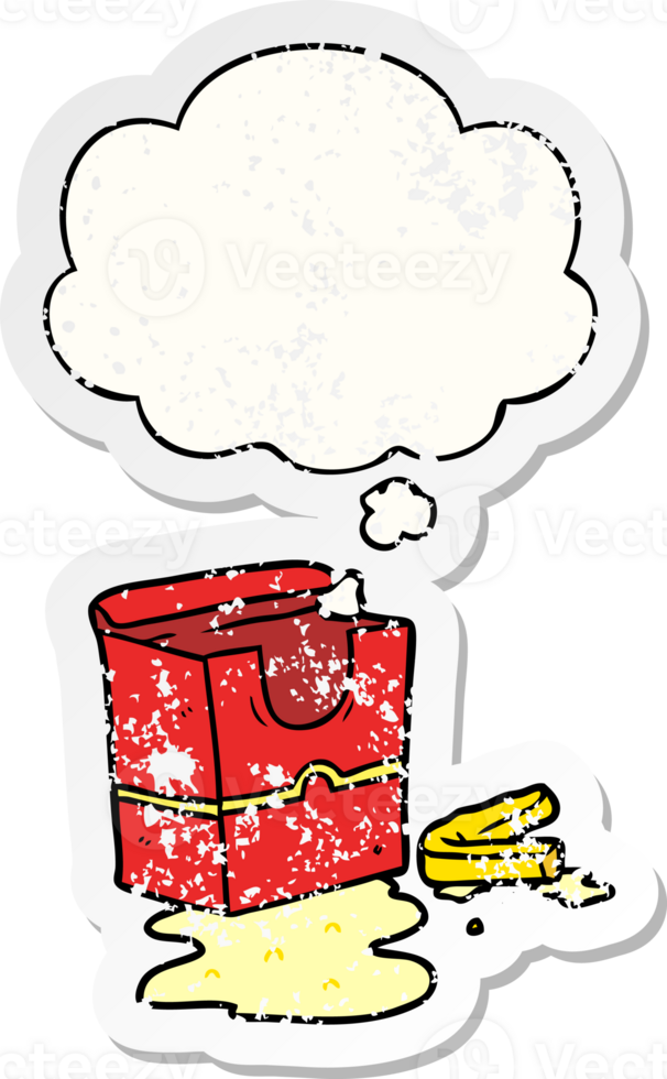 cartoon fries with thought bubble as a distressed worn sticker png