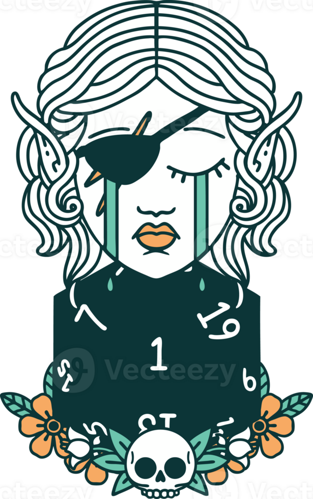 Retro Tattoo Style crying elf rogue character face with natural one D20 roll png