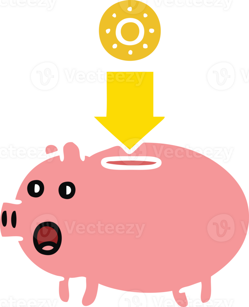 flat color retro cartoon of a piggy bank png