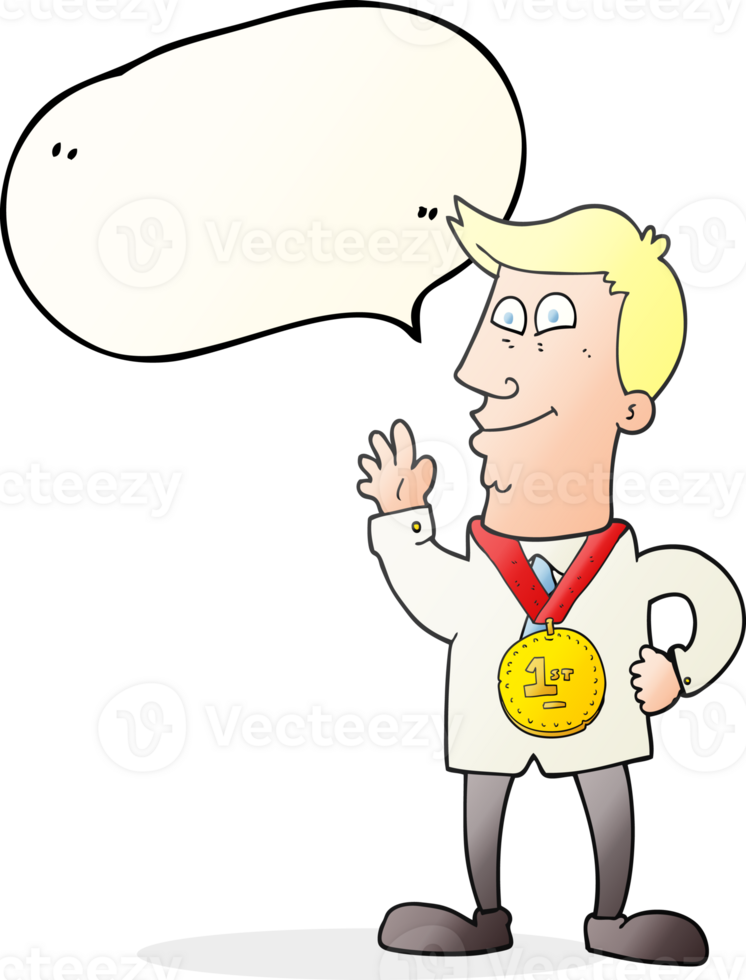 hand drawn speech bubble cartoon waving man with award png