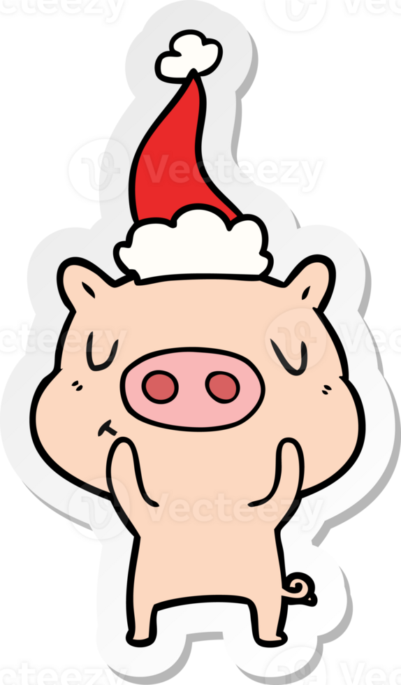 hand drawn sticker cartoon of a content pig wearing santa hat png