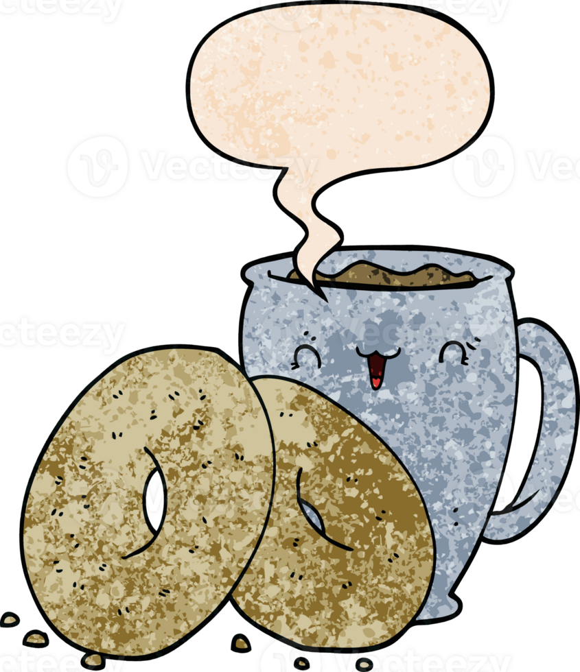 cartoon coffee and donuts with speech bubble in retro texture style png
