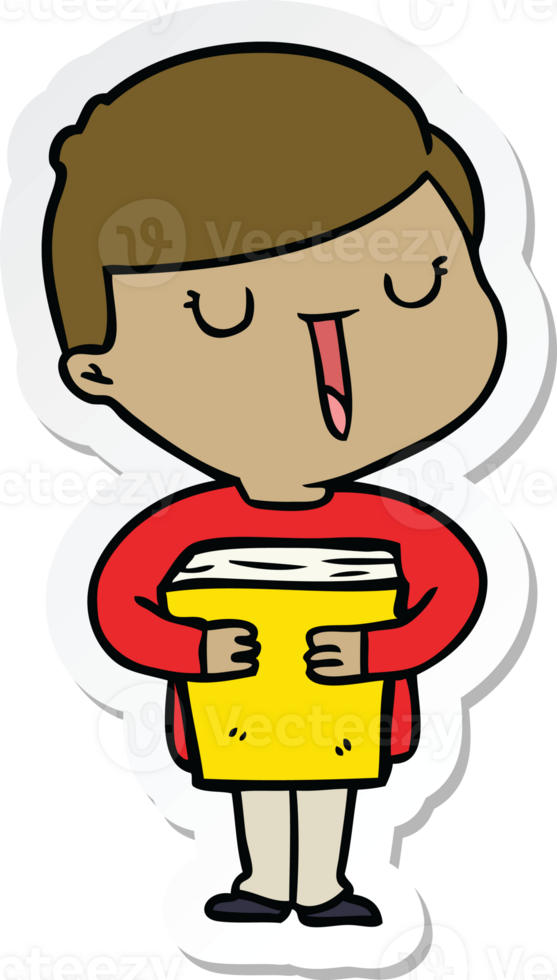 sticker of a cartoon happy boy talking about his book png