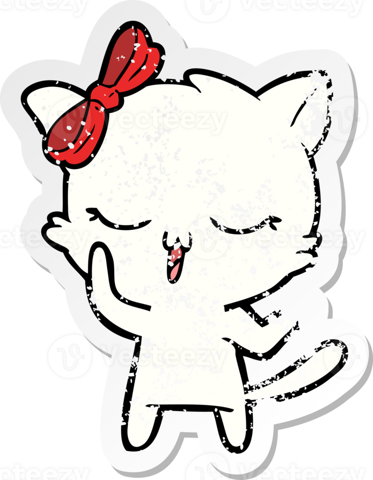distressed sticker of a cartoon cat with bow on head png