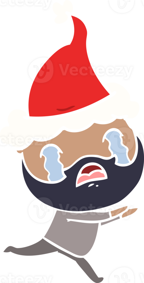 hand drawn flat color illustration of a bearded man crying wearing santa hat png