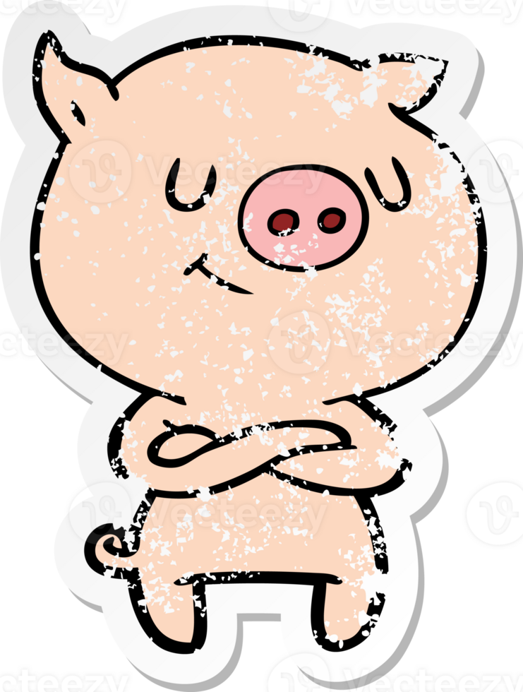 distressed sticker of a happy cartoon pig with crossed arms png