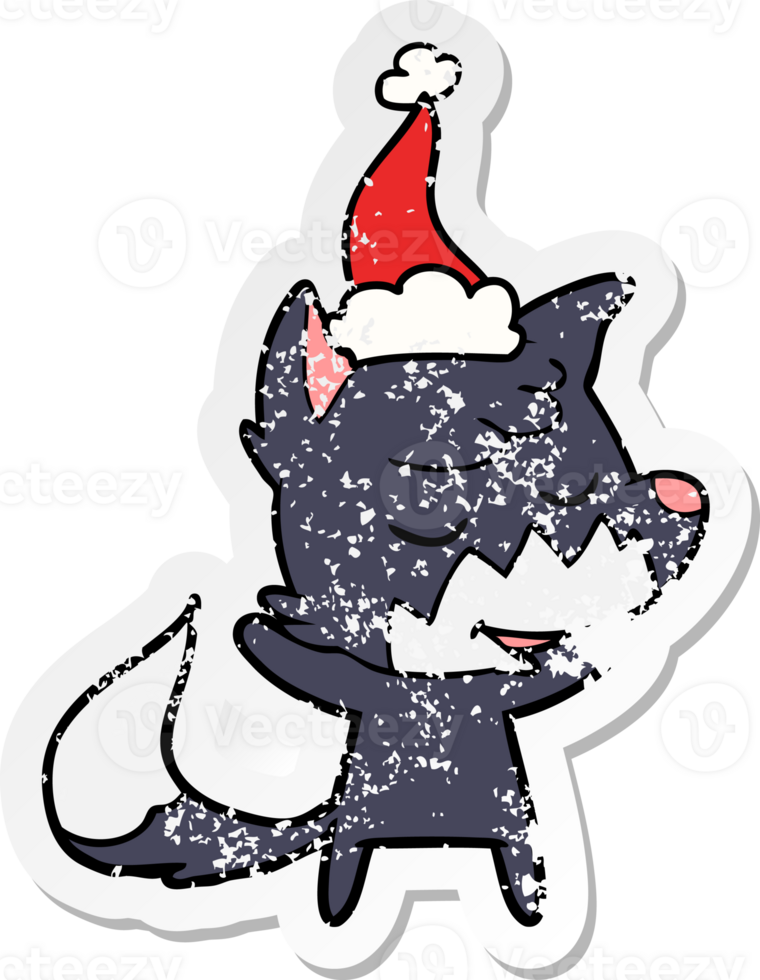 friendly hand drawn distressed sticker cartoon of a fox wearing santa hat png