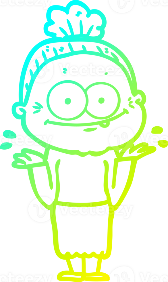 cold gradient line drawing of a cartoon happy old woman png