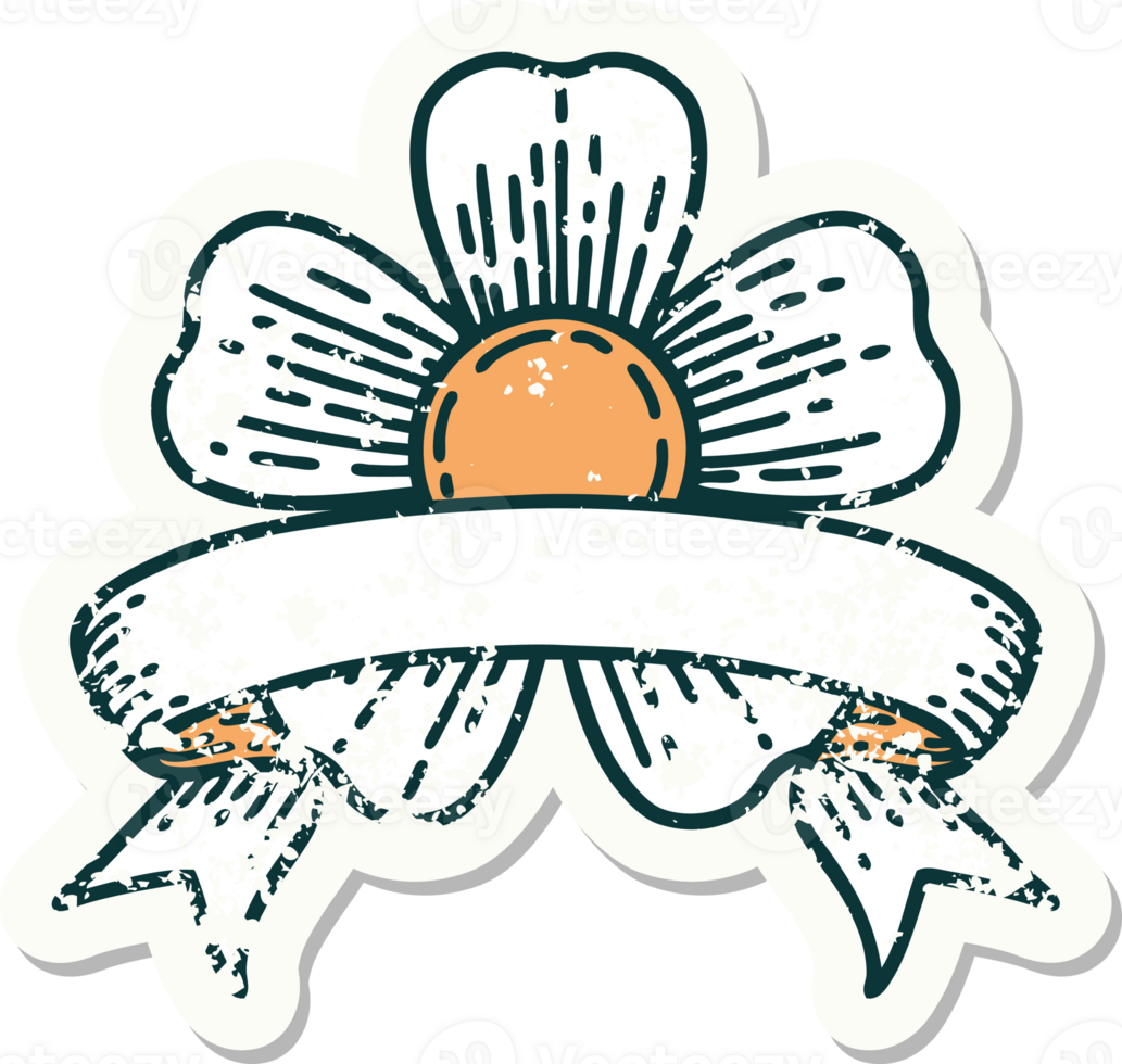 worn old sticker with banner of a flower png
