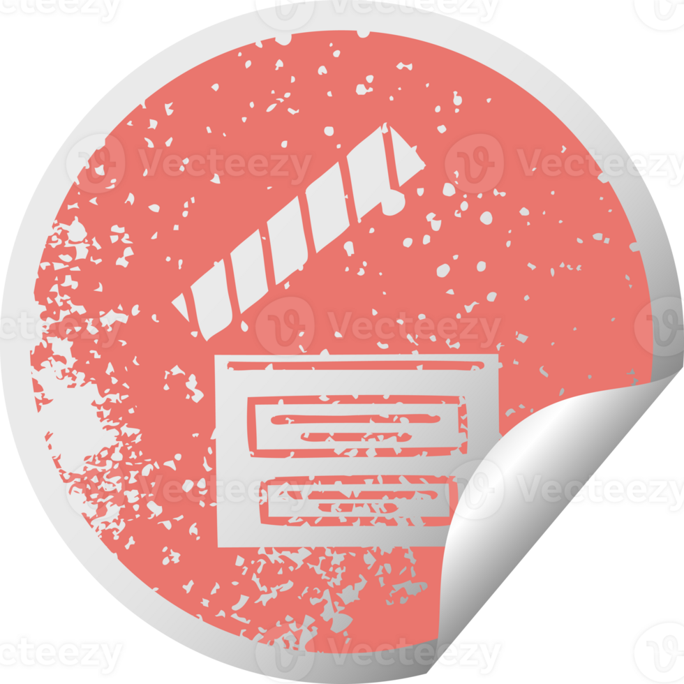 distressed circular peeling sticker symbol of a director clapper png