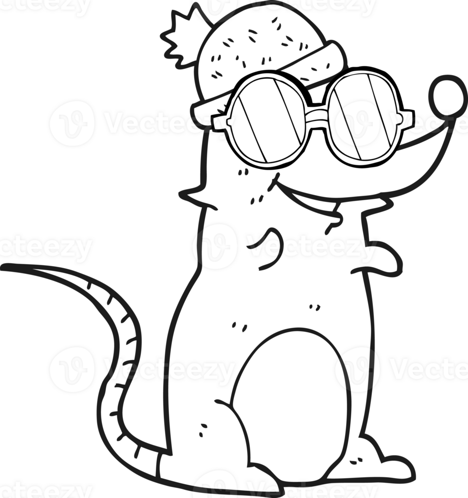 hand drawn black and white cartoon mouse wearing glasses and hat png