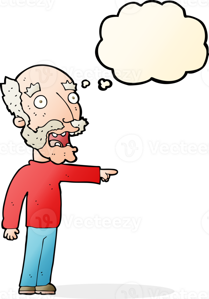 cartoon scared old man pointing with thought bubble png