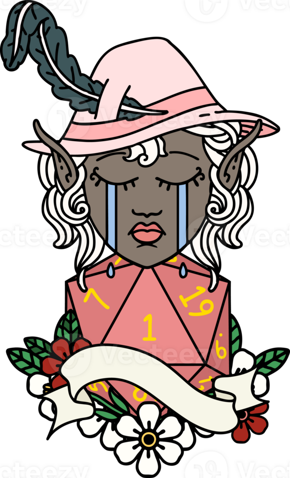 Retro Tattoo Style crying elf bard character face with natural one png