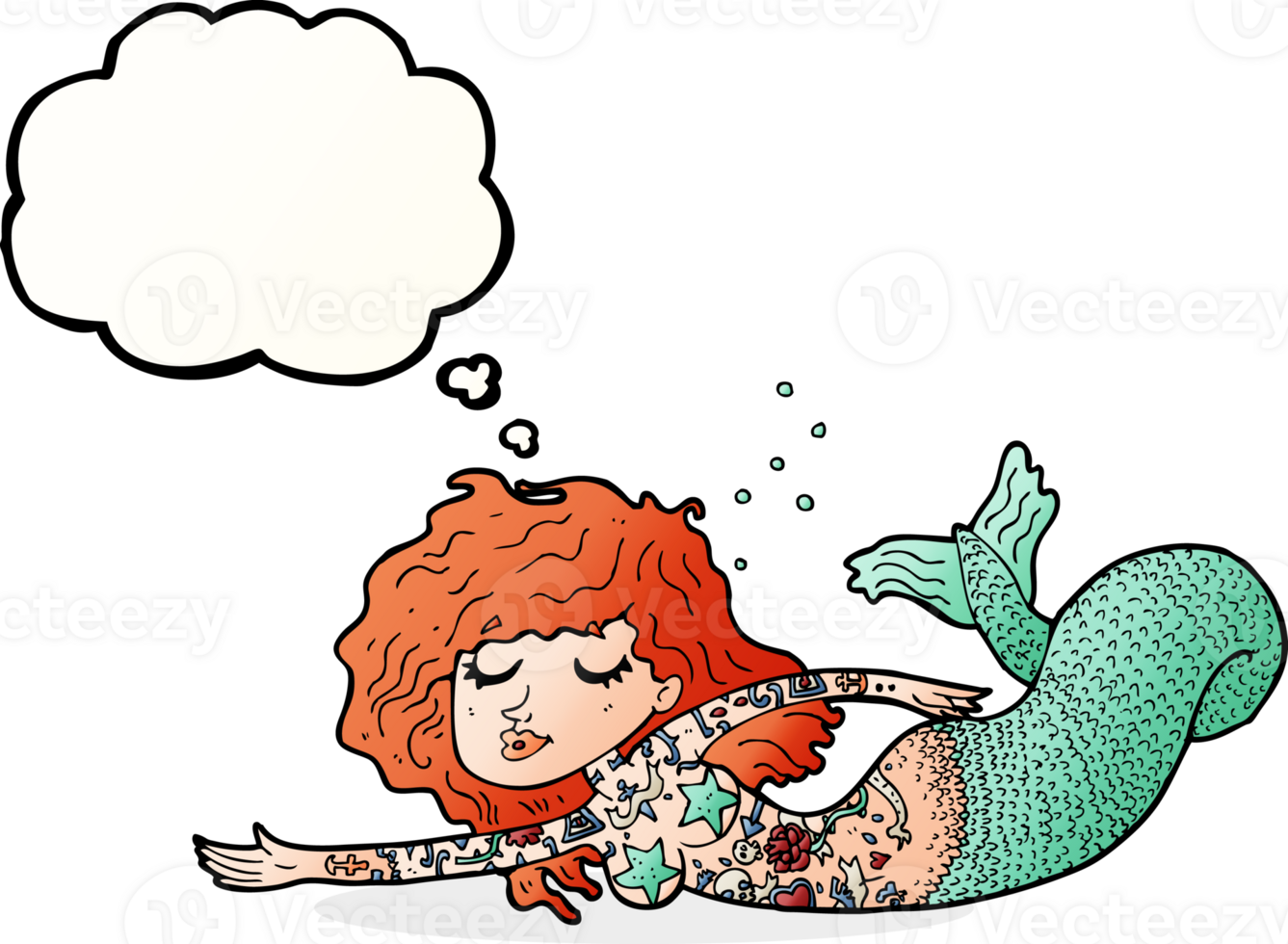 cartoon mermaid with tattoos with thought bubble png