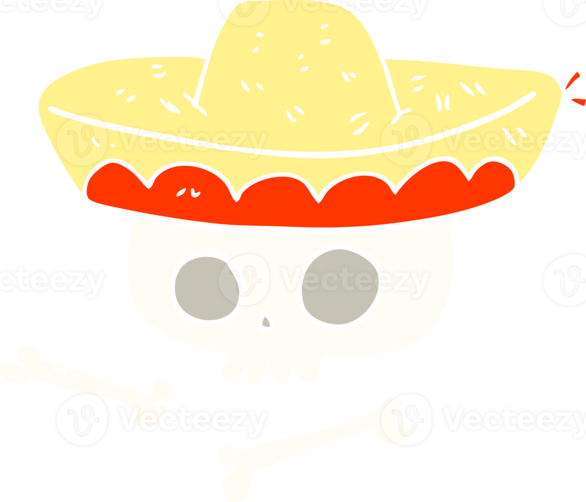 flat color illustration of skull in mexican hat png