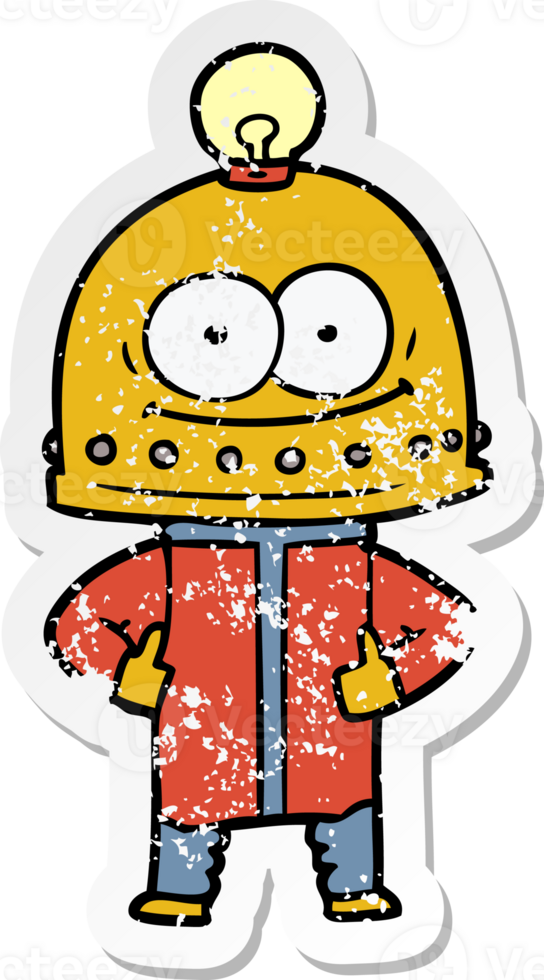 distressed sticker of a happy carton robot with light bulb png