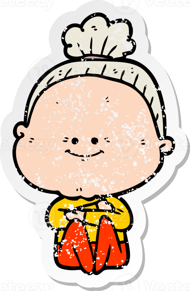 distressed sticker of a cartoon happy old woman png