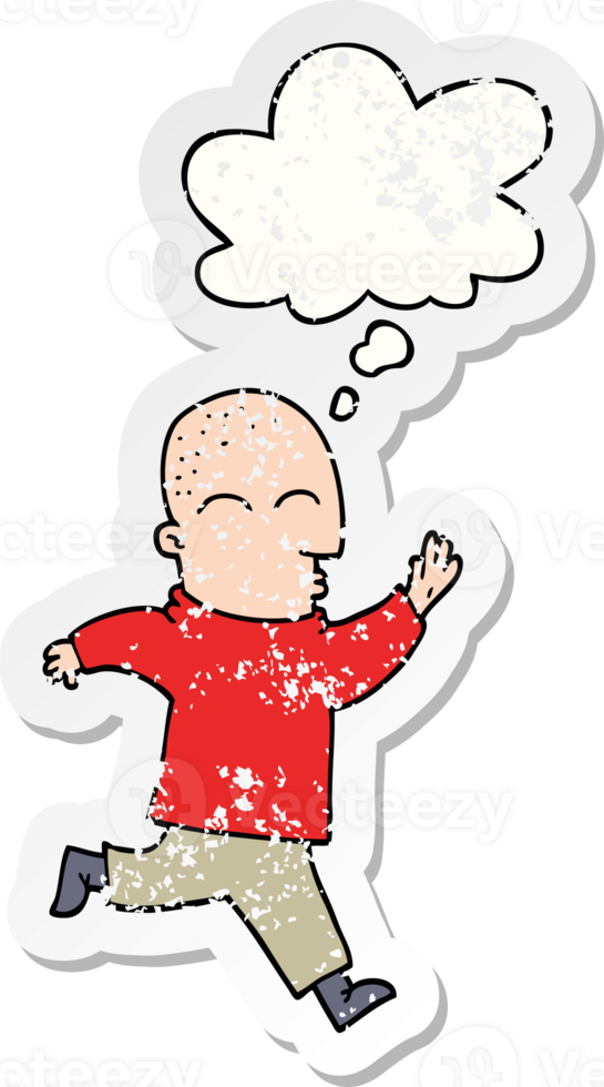 cartoon man running with thought bubble as a distressed worn sticker png