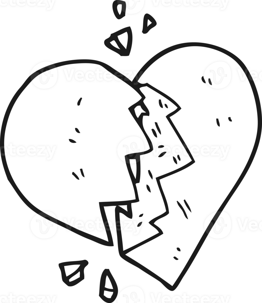 hand drawn black and white cartoon broken heart png