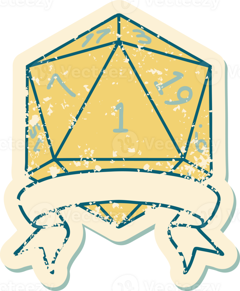 Retro Tattoo Style natural one d20 dice roll png