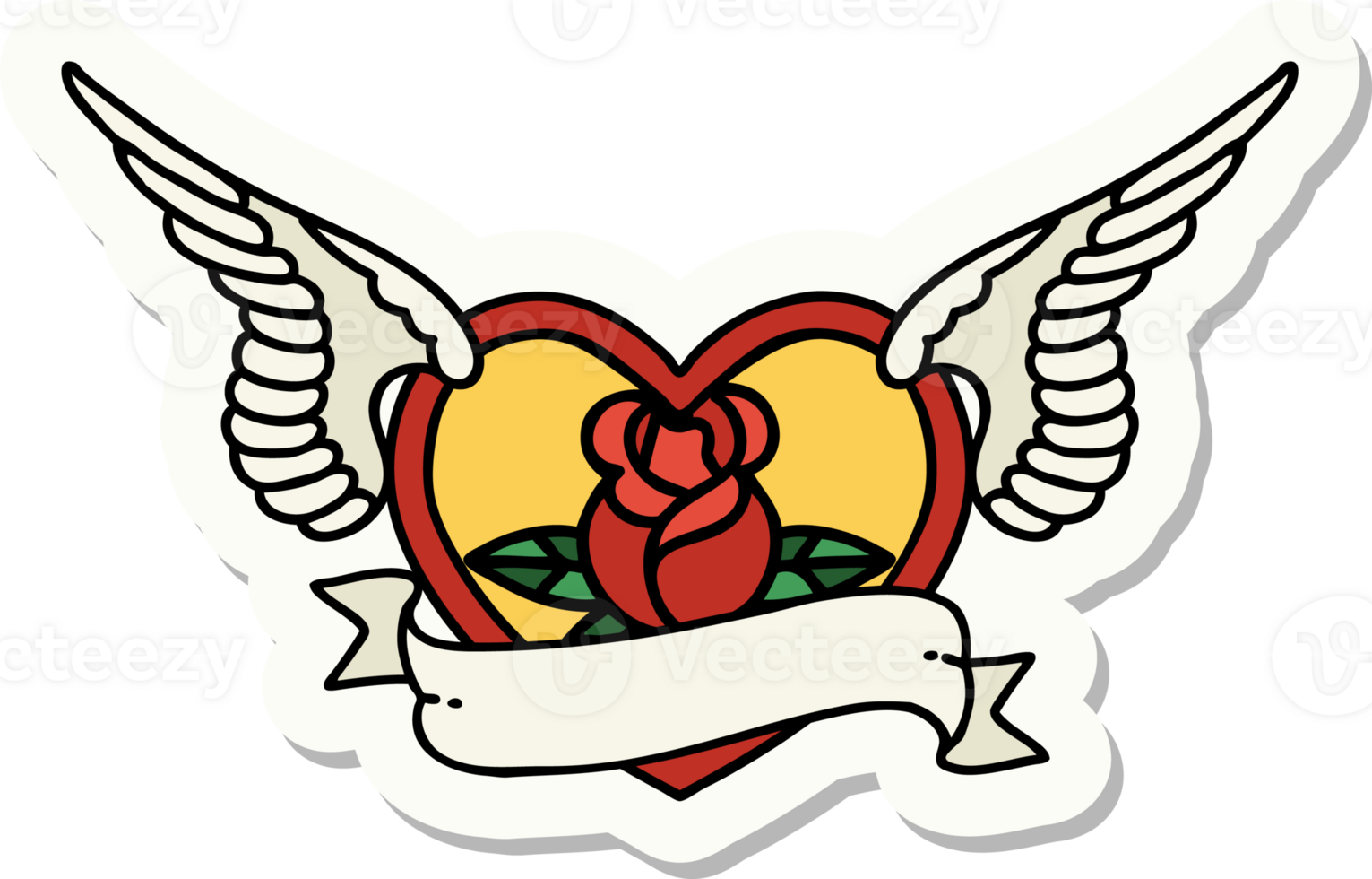 sticker of tattoo in traditional style of a flying heart with flowers and banner png