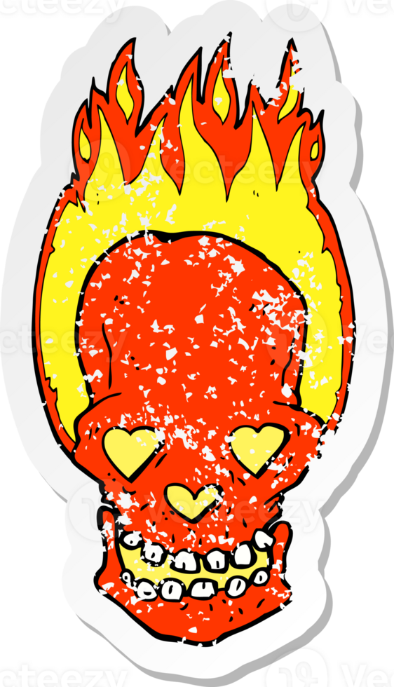 retro distressed sticker of a cartoon flaming skull with love heart eyes png
