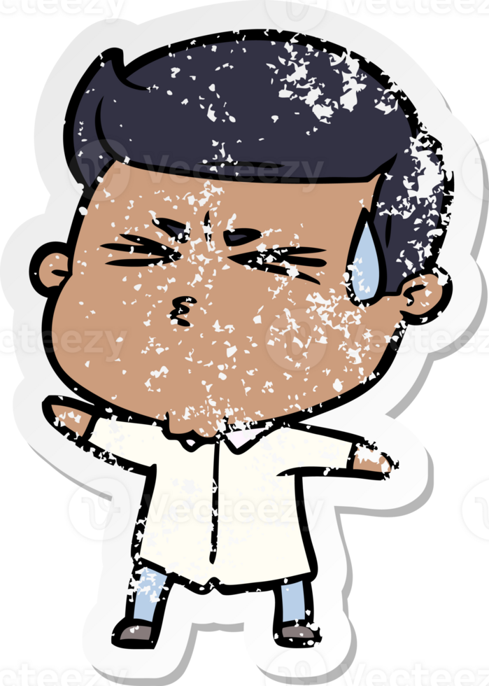 distressed sticker of a cartoon man sweating png