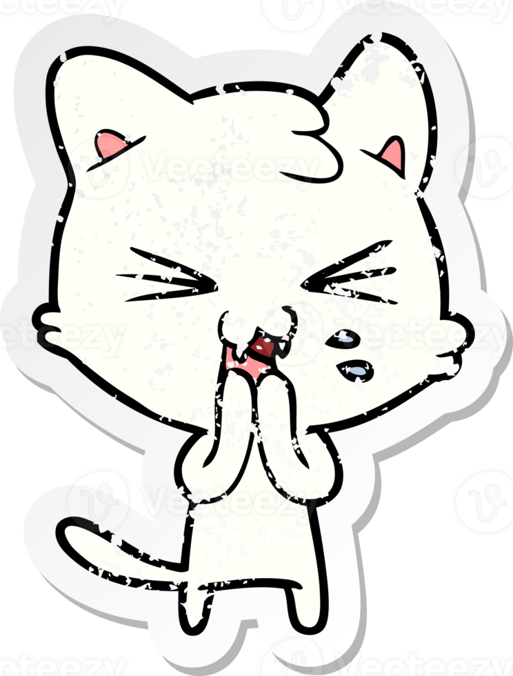 distressed sticker of a cartoon hissing cat png