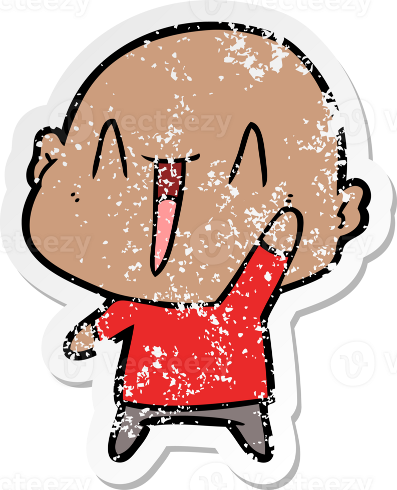 distressed sticker of a happy cartoon bald man png