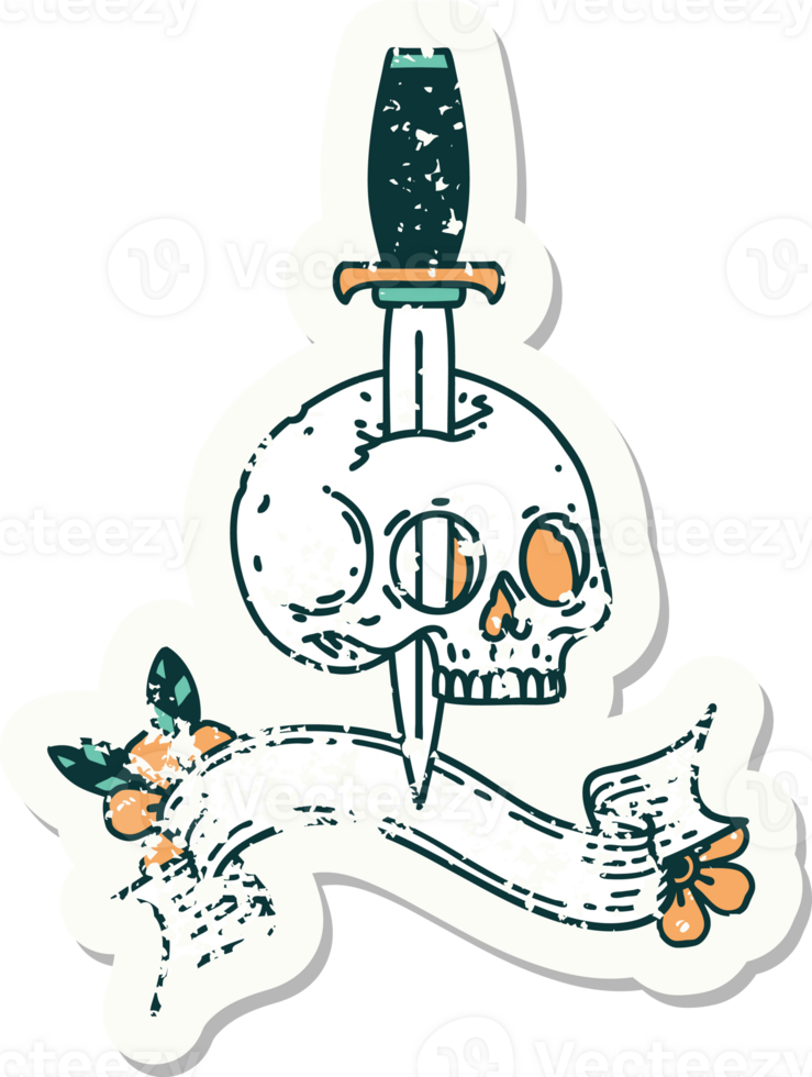 worn old sticker with banner of a skull png