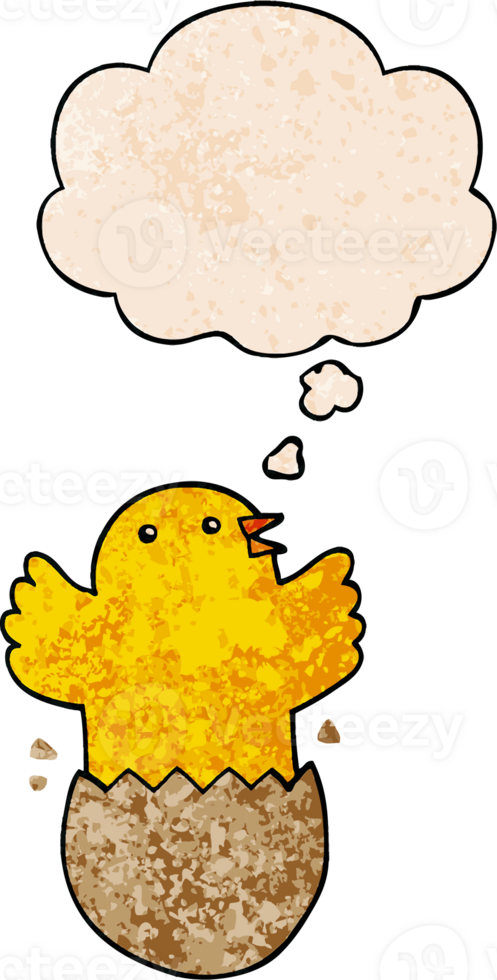 cartoon hatching bird with thought bubble in grunge texture style png