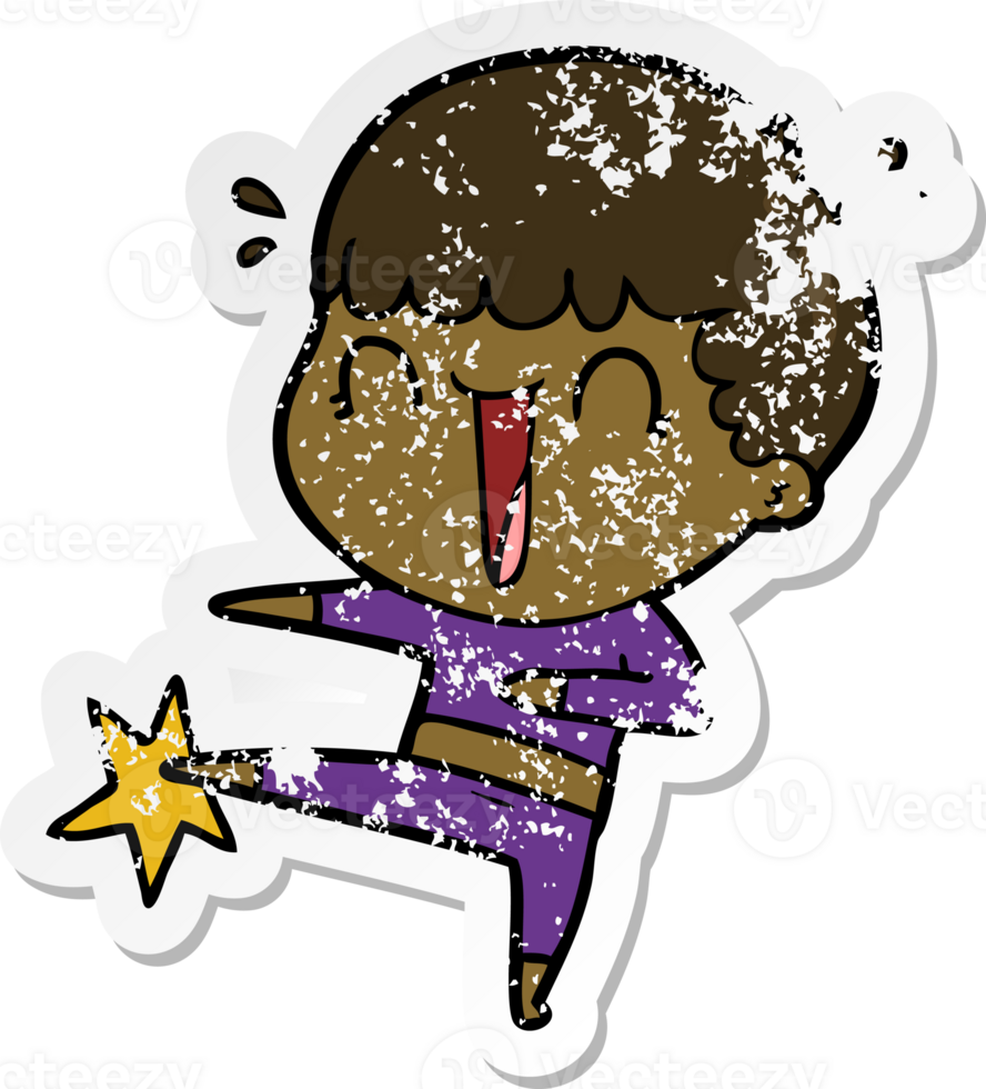 distressed sticker of a laughing cartoon man karate kicking png